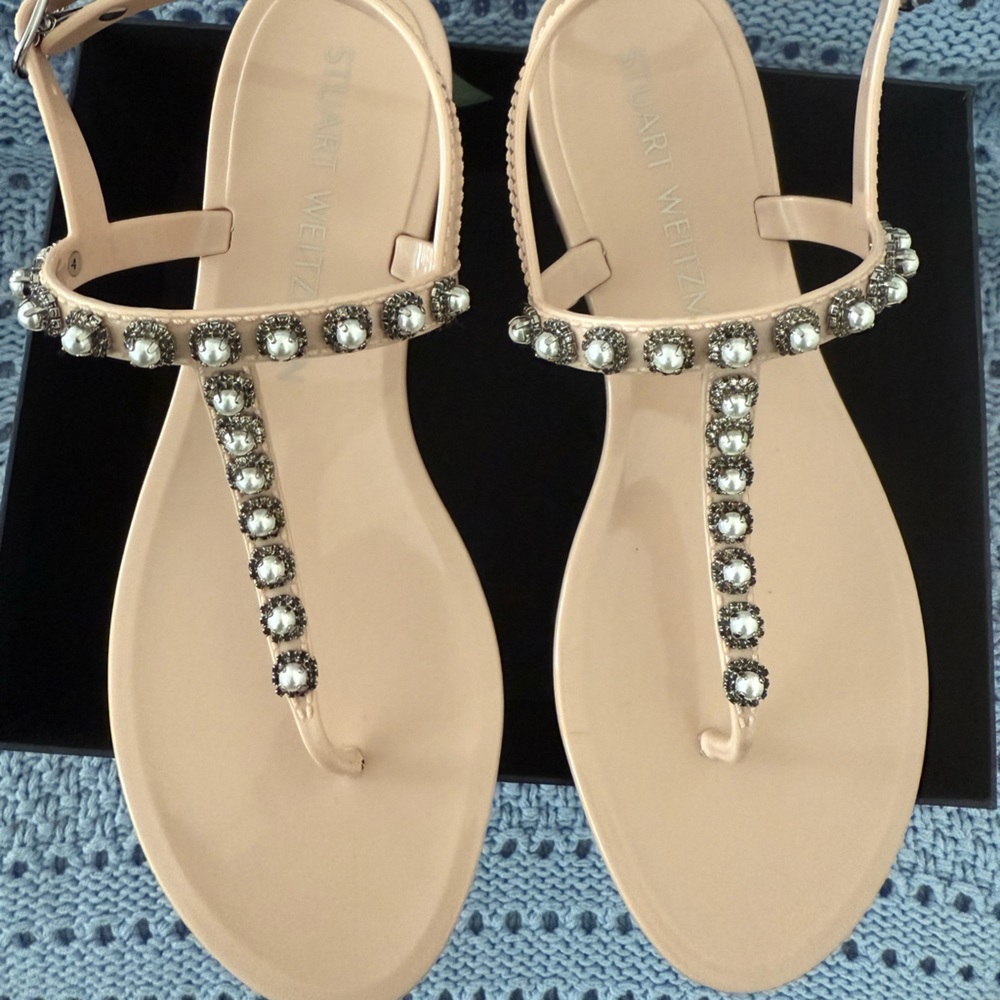 Stuart Weitzman Nude Sandals with Silver Embellishments